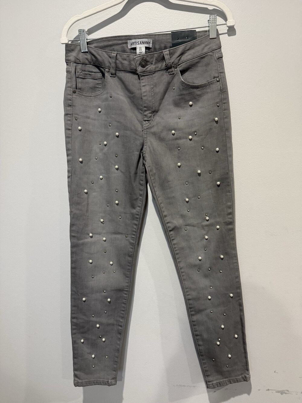 NWT Artisan NY Denim Skinny Gray Jeans Pearls & Studs Embellished Size 8 Retro